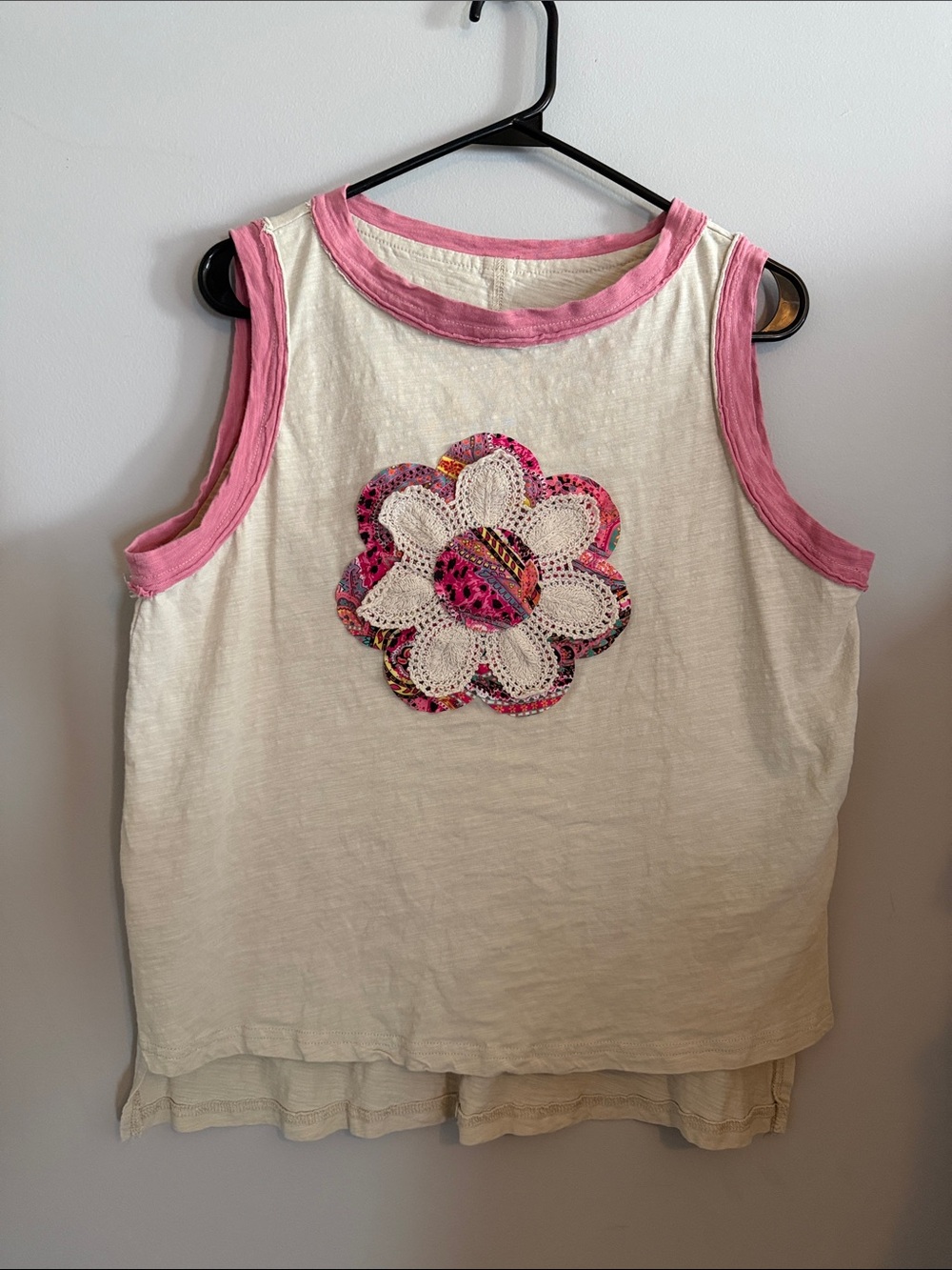 Women's Cream Tank Top with Pink Trim and Floral Appliqué